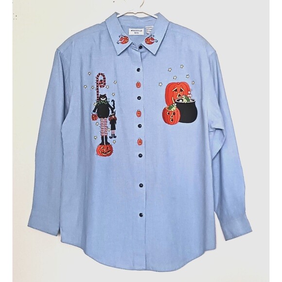 VTG Y2K Halloween Embroidered Chambray Button Shirt Pumpkin Kitty Witch Sz L - Picture 1 of 8